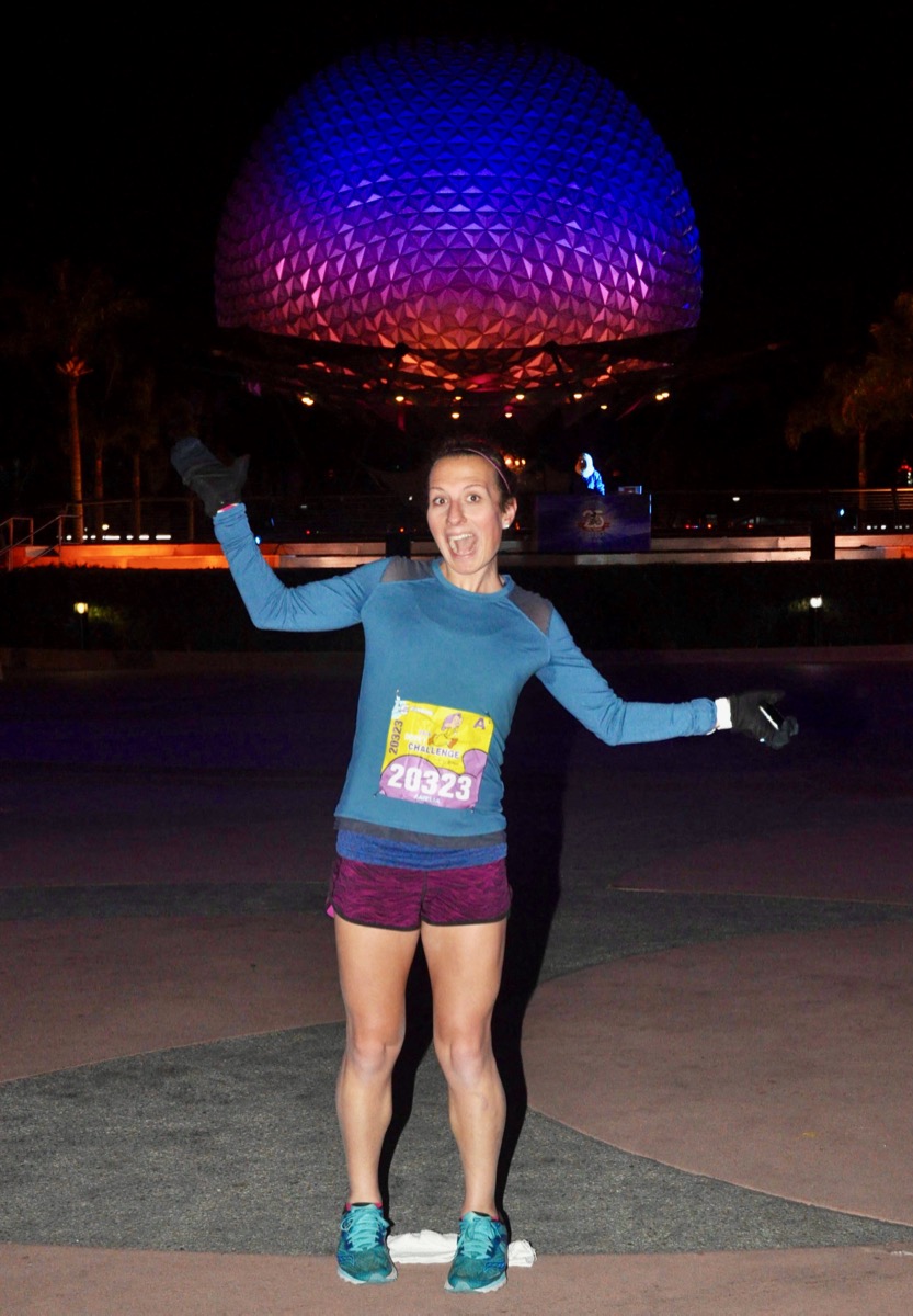 Amelia in front of Spaceship Earth during Disney World 10k