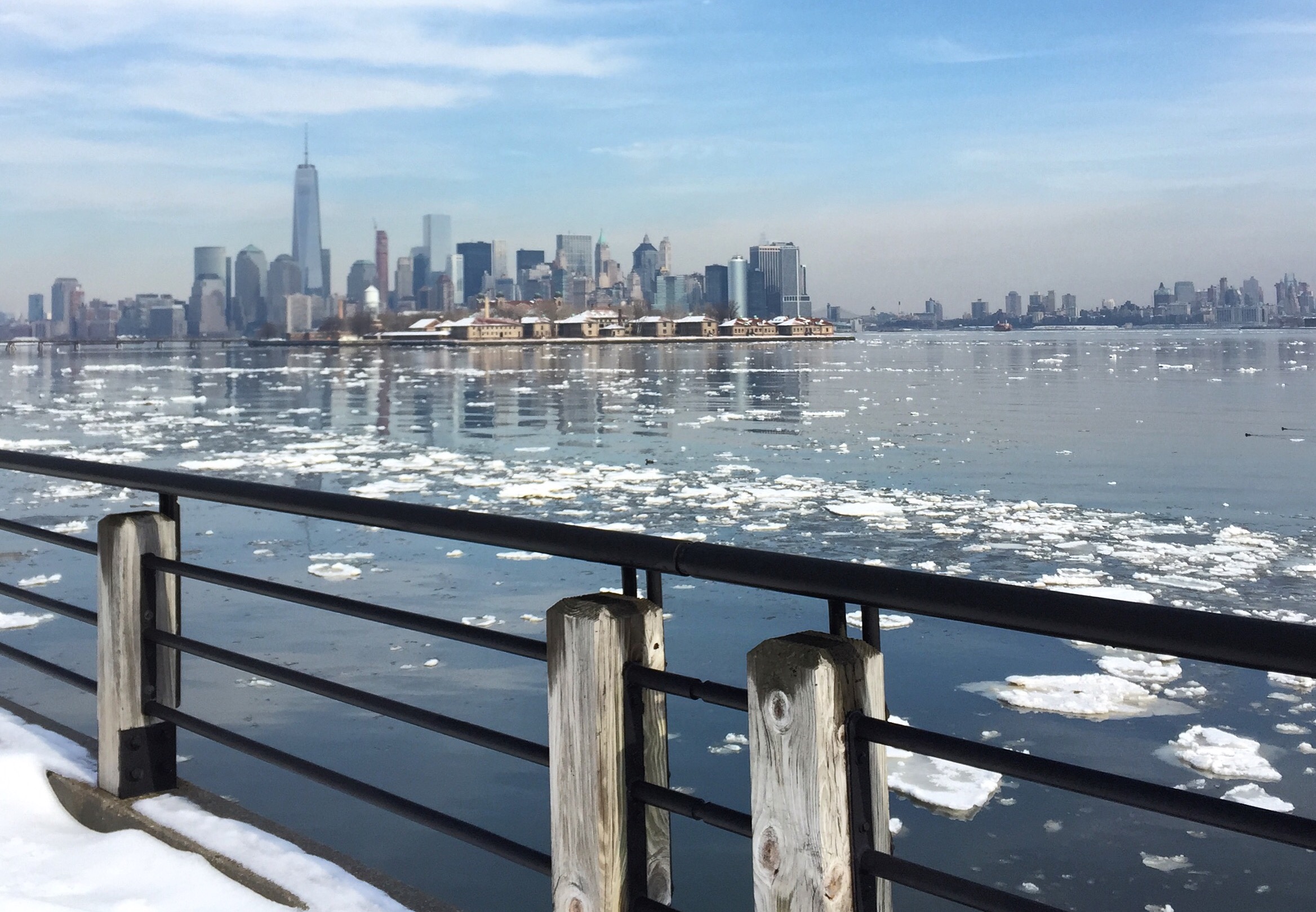 NYC skyline with frozen Hudson River