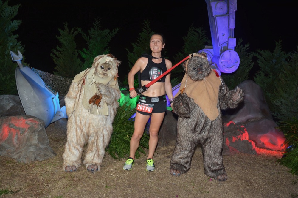 Amelia with ewoks at runDisney Star Wars Dark Side Half Marathon